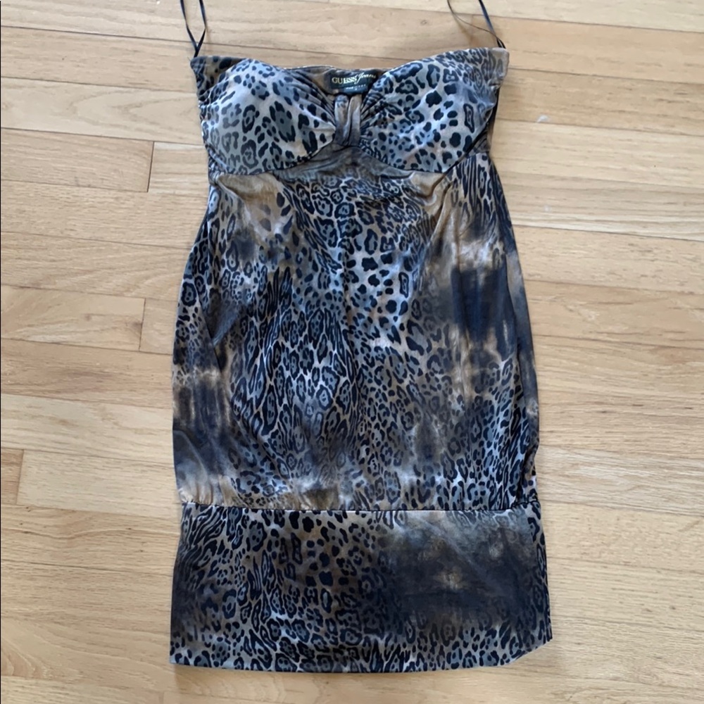 Vintage Guess Brown Leopard Print Bodycon Mini Dress Strapless Size M